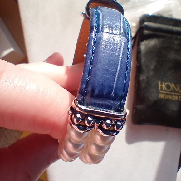 Honora Double Row Freshwater Pearl Royal Blue Genuine Leather Bracelet 925 - Picture 1 of 10